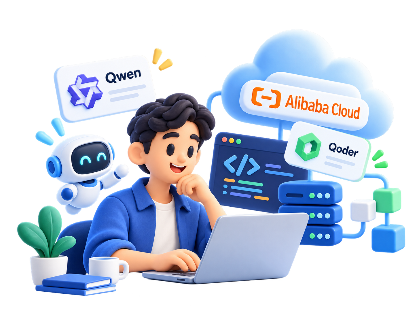 Ilustrasi Alibaba Cloud, Qwen, dan Qoder untuk produktivitas dan deployment aplikasi